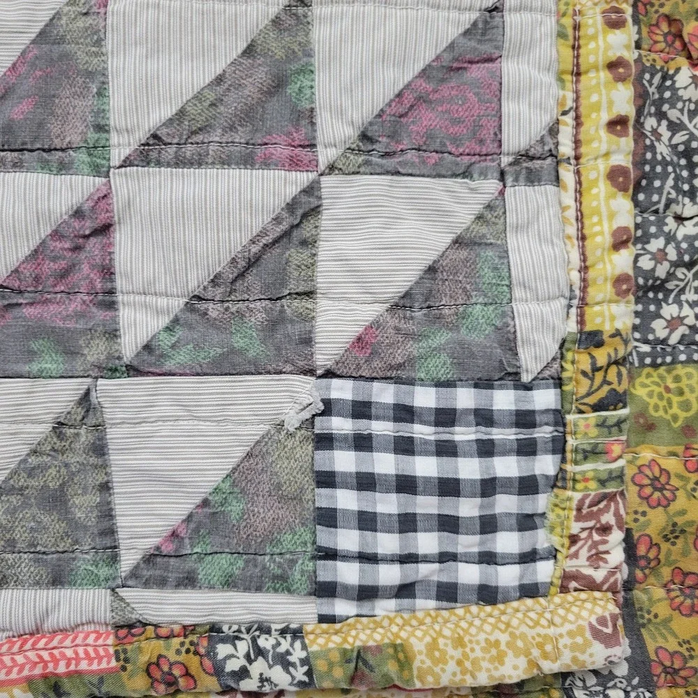 Vtg Handmade Patchwork Quilt Reversible 74x69 Farmhouse Throw Machine Stitch
